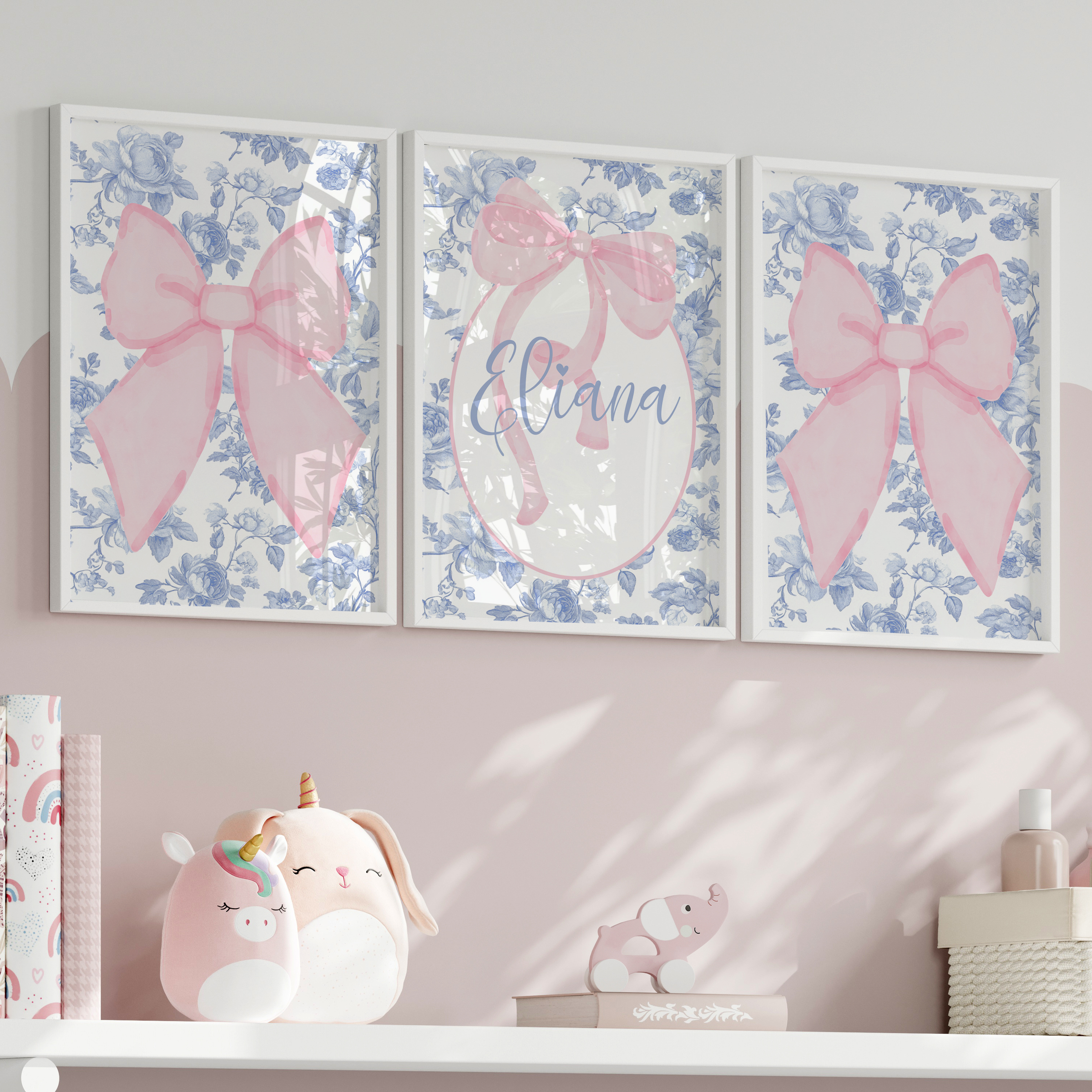 Fancy Bow Blue Toile Personalized Nursery Art