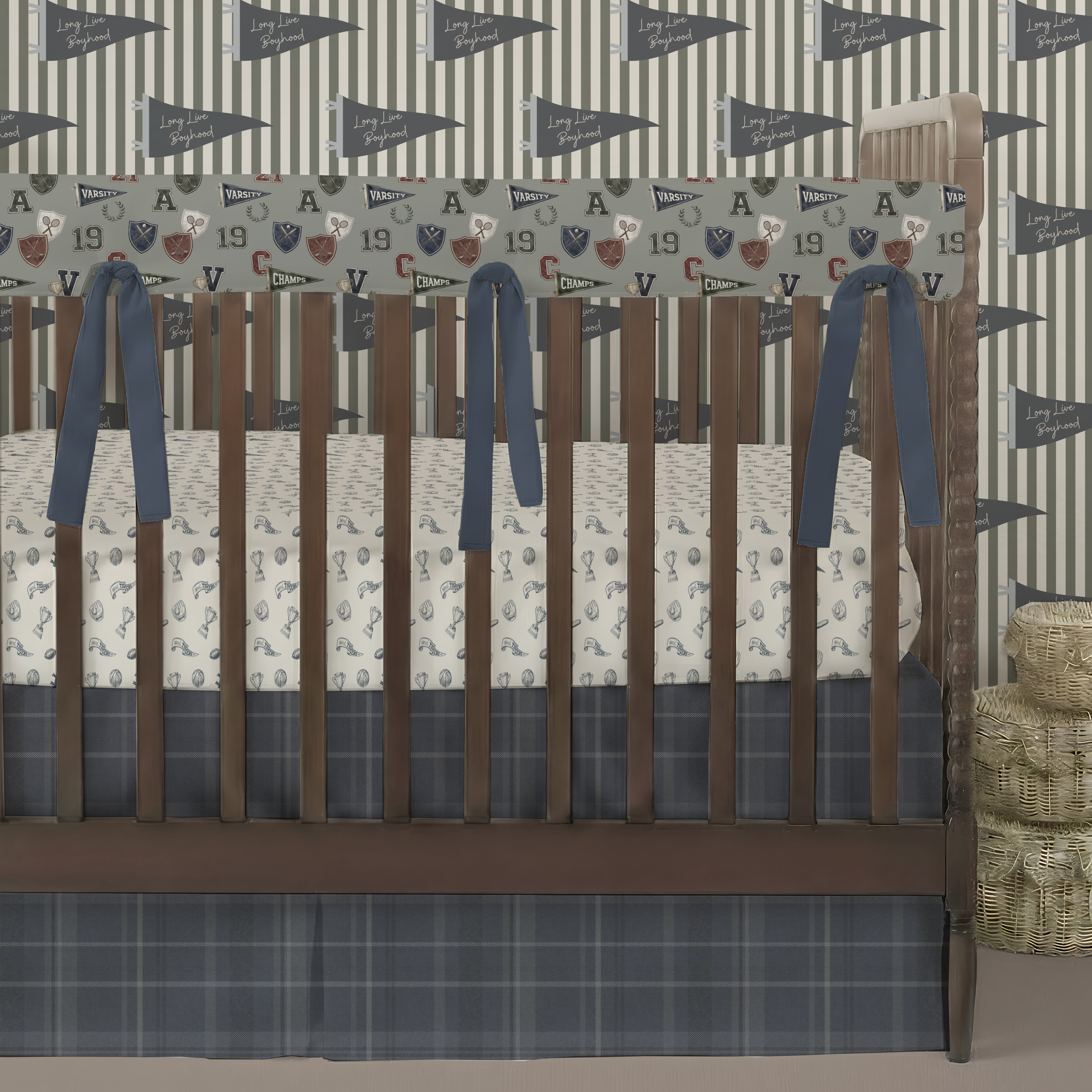 Crib Rail Cover | Boyhood Pennant Stripe Olive + Champions Club