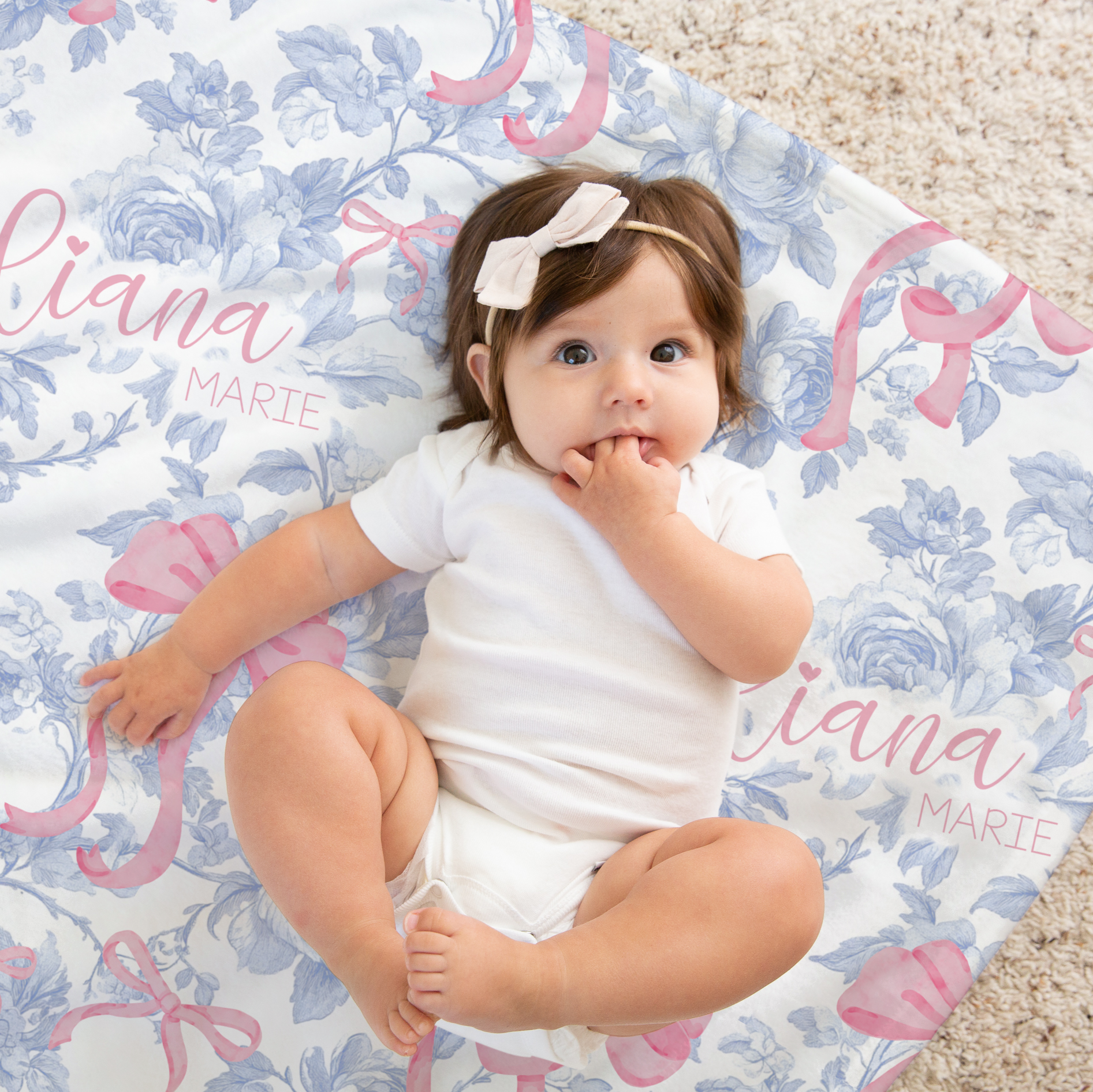 Fancy Bow Blue Toile Personalized Baby & Kids Blanket