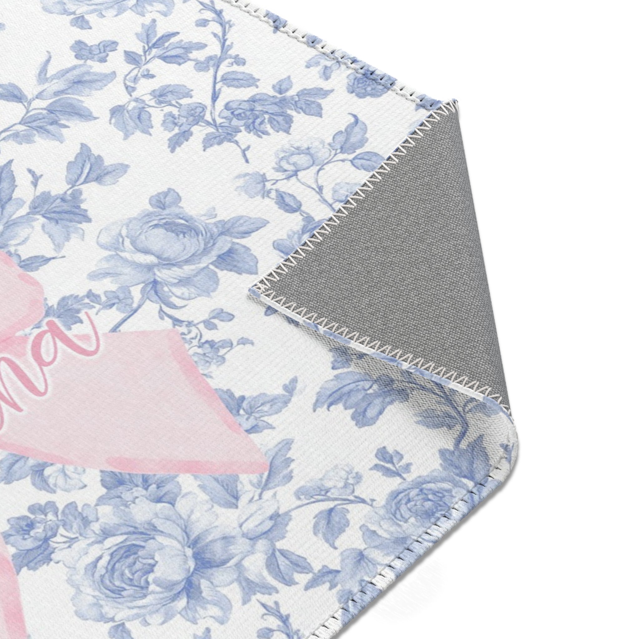 Fancy Bow Blue Toile Personalized Nursery Rug