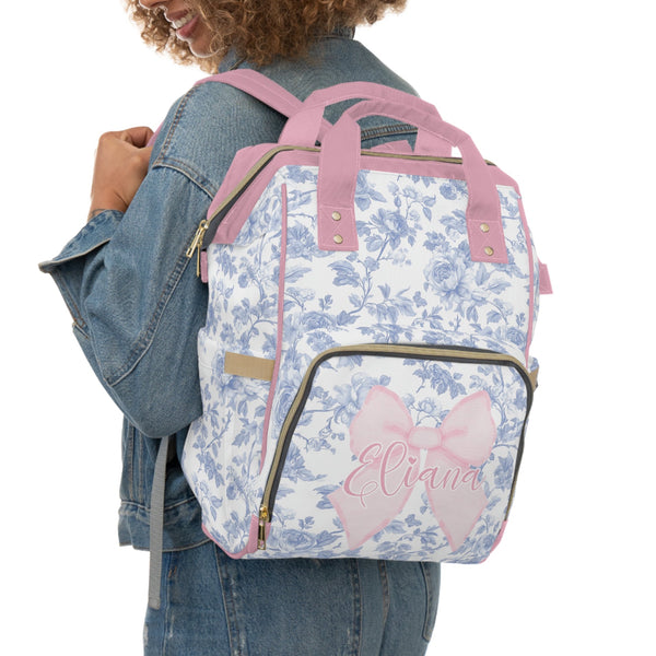 Fancy Bow Blue Toile Personalized Backpack Diaper Bag