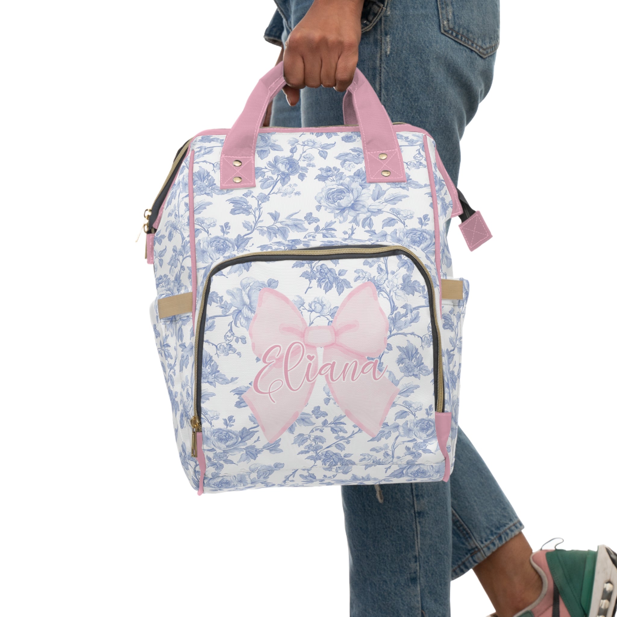 Fancy Bow Blue Toile Personalized Backpack Diaper Bag