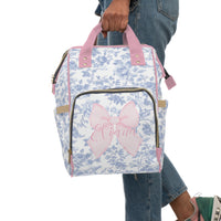 Fancy Bow Blue Toile Personalized Backpack Diaper Bag