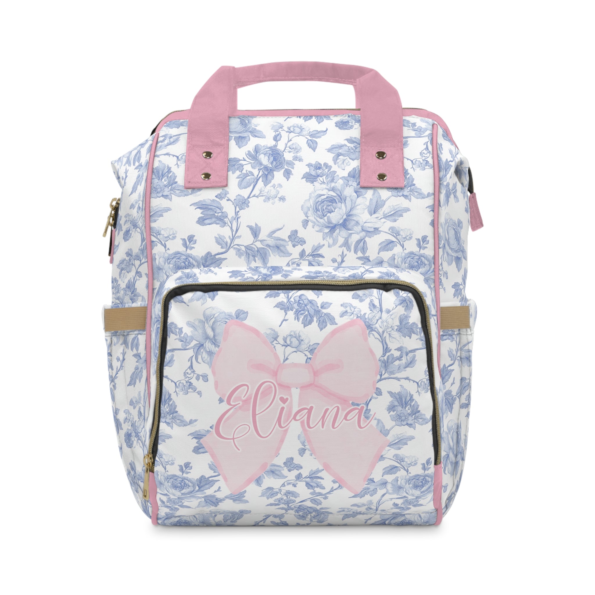 Fancy Bow Blue Toile Personalized Backpack Diaper Bag