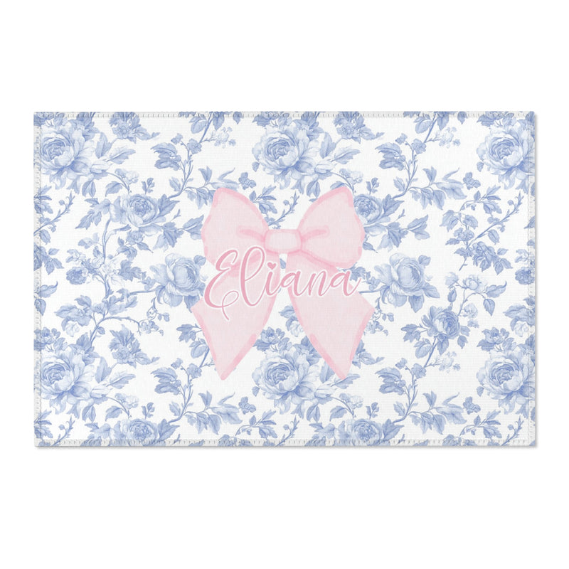 Fancy Bow Blue Toile Personalized Nursery Rug
