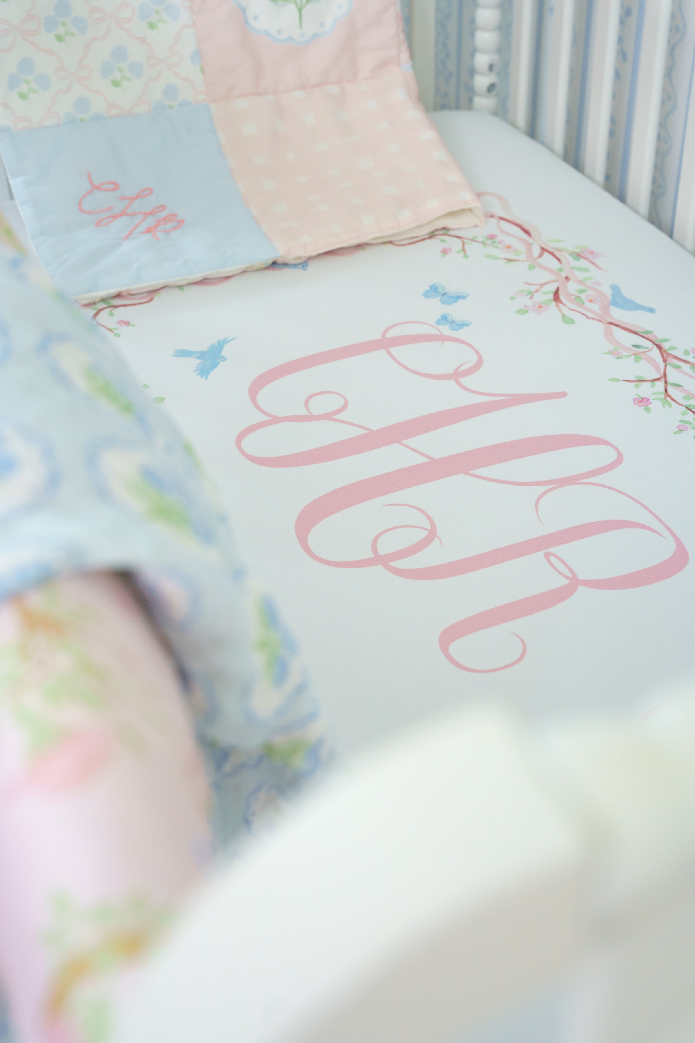 Personalized Crib Sheet | Ribboned Chinoiserie