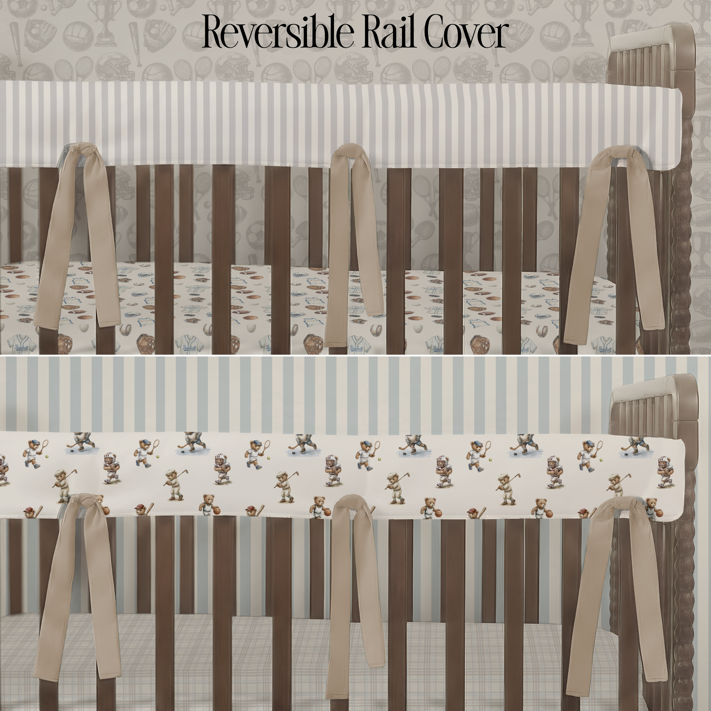 Crib Rail Cover | Playroom Stripe Taupe + Varsity Teddy