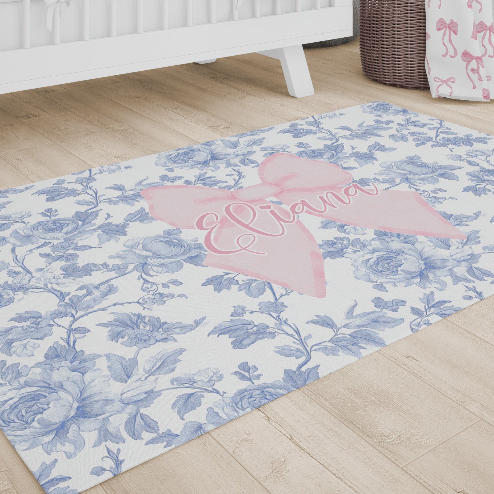 Fancy Bow Blue Toile Personalized Nursery Rug