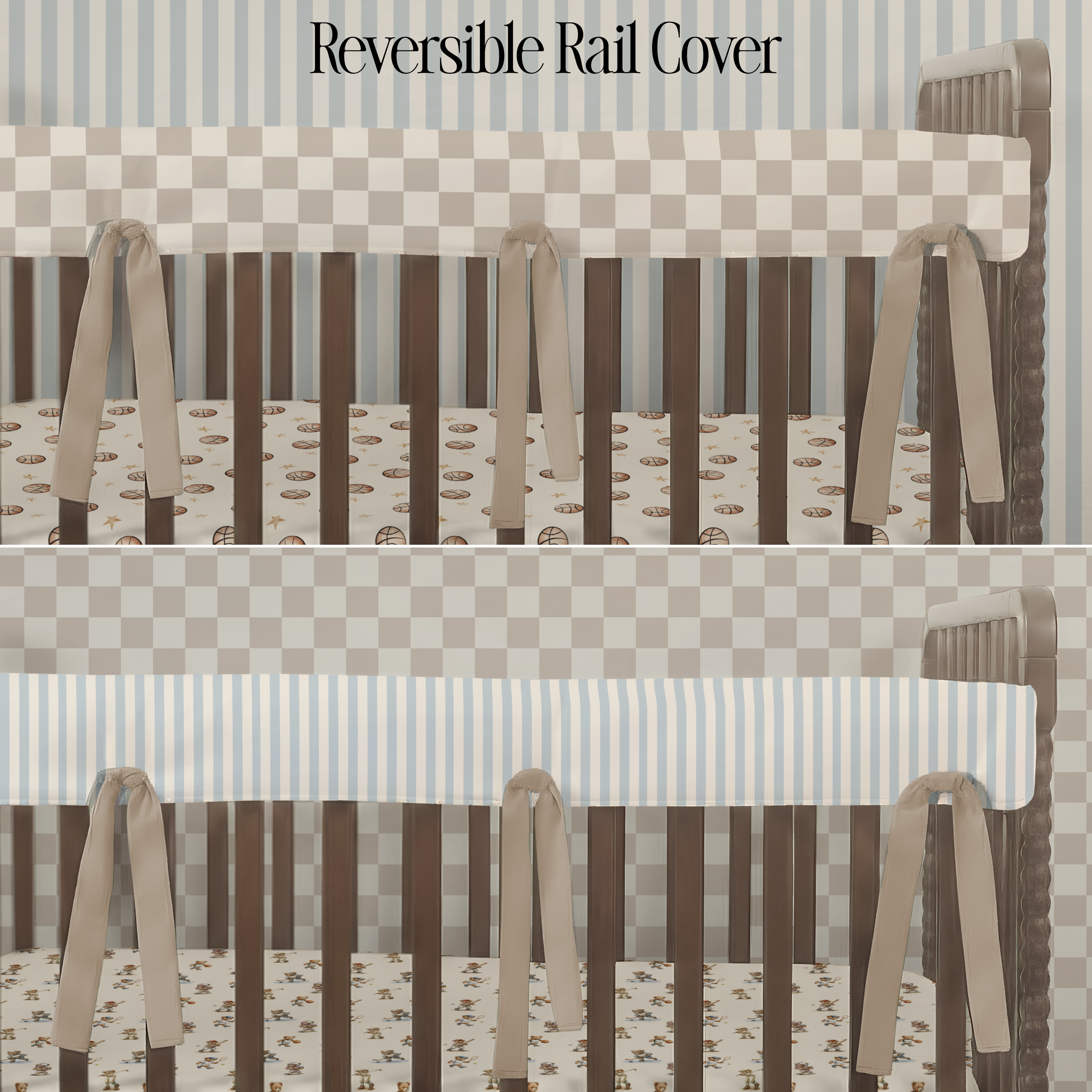 Crib Rail Cover | Sandlot Check + Playroom Stripe Sky
