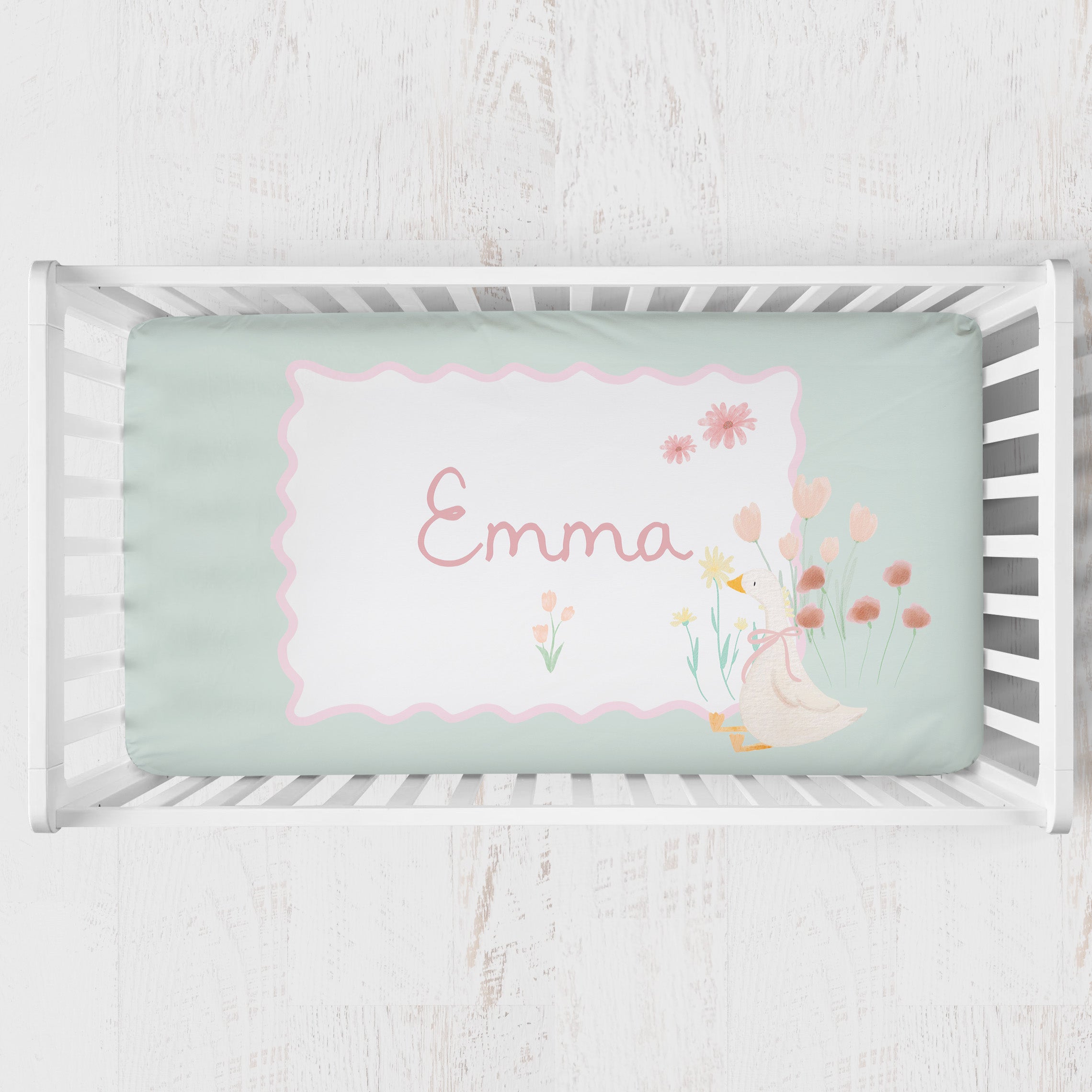 Personalized Crib Sheet | Tulip Meadow Goose