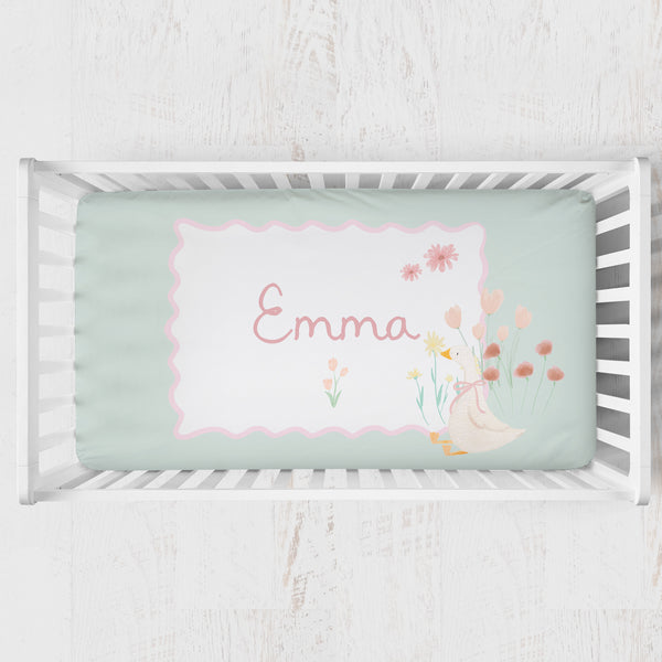 Personalized Crib Sheet | Tulip Meadow Goose