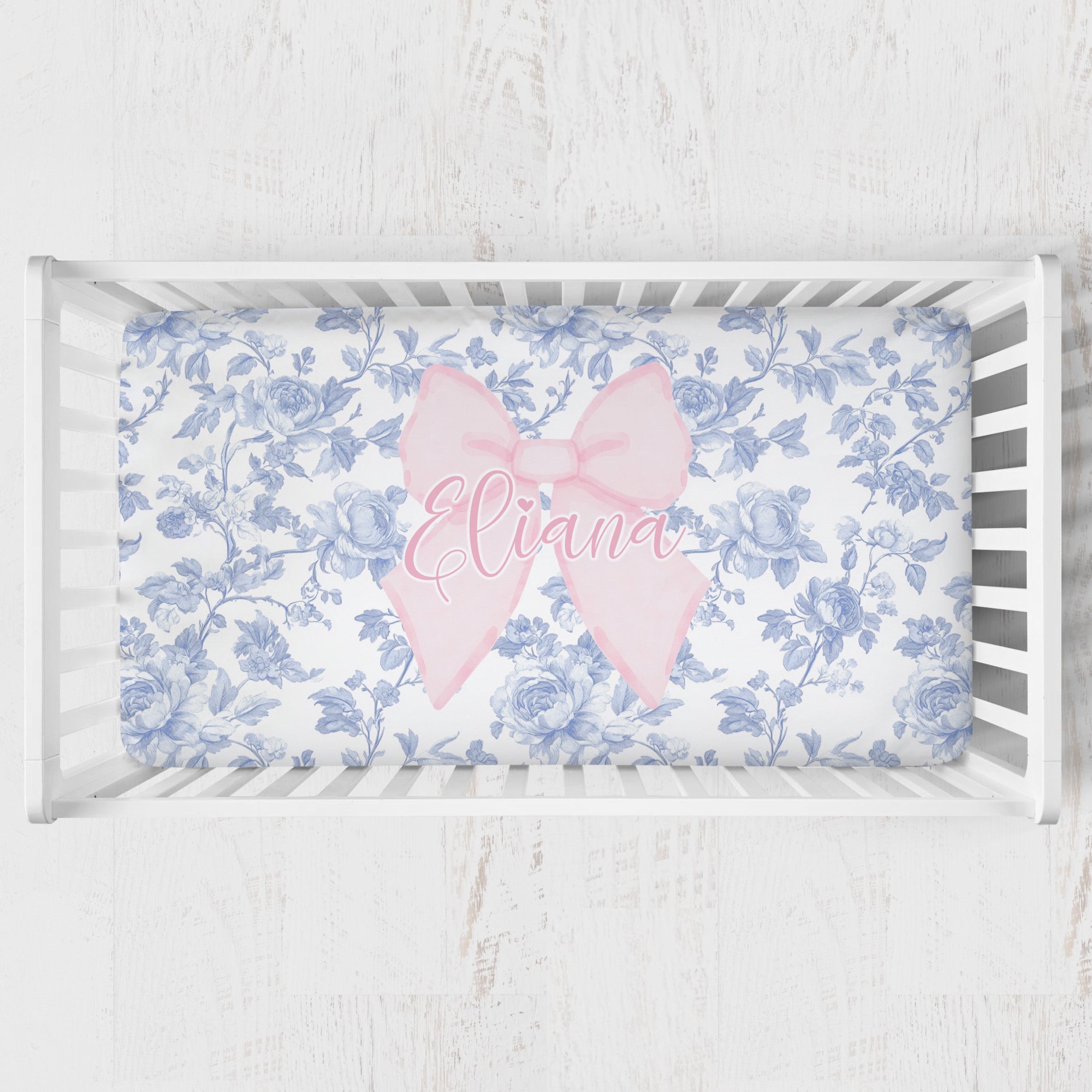 Fancy Bow Blue Toile Personalized Crib Sheet
