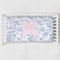 Fancy Bow Blue Toile Personalized Crib Sheet