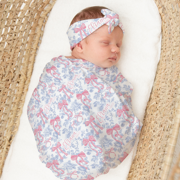 Fancy Bow Blue Toile Personalized Newborn Swaddle Set