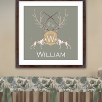 Crib with decorative bedding and a framed picture on the wall