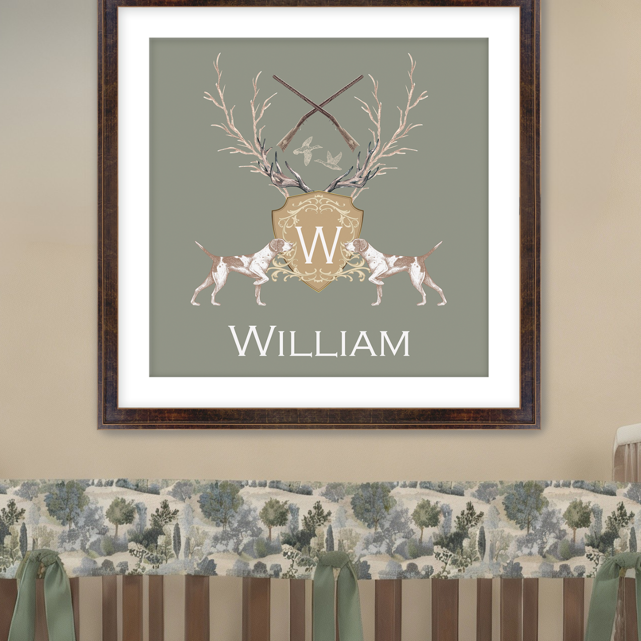 Crib with decorative bedding and a framed picture on the wall