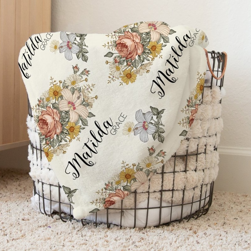 Vintage Earthy Floral Personalized Baby Blanket - gender_girl, Personalized_Yes, Pink and Navy Petals
