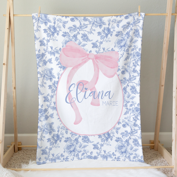Fancy Bow Blue Toile Personalized Minky Blanket