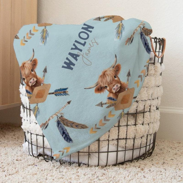 Blue Highland Cow Personalized Baby Blanket - Blue Highland Cow, gender_boy, Personalized_Yes