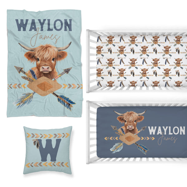 Blue Highland Cow Nursery Starter Crib Bedding Set