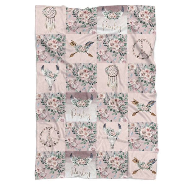 Boho Rose Personalized Faux Patchwork Cuddle Blanket - Boho Rose, gender_girl, Personalized_Yes