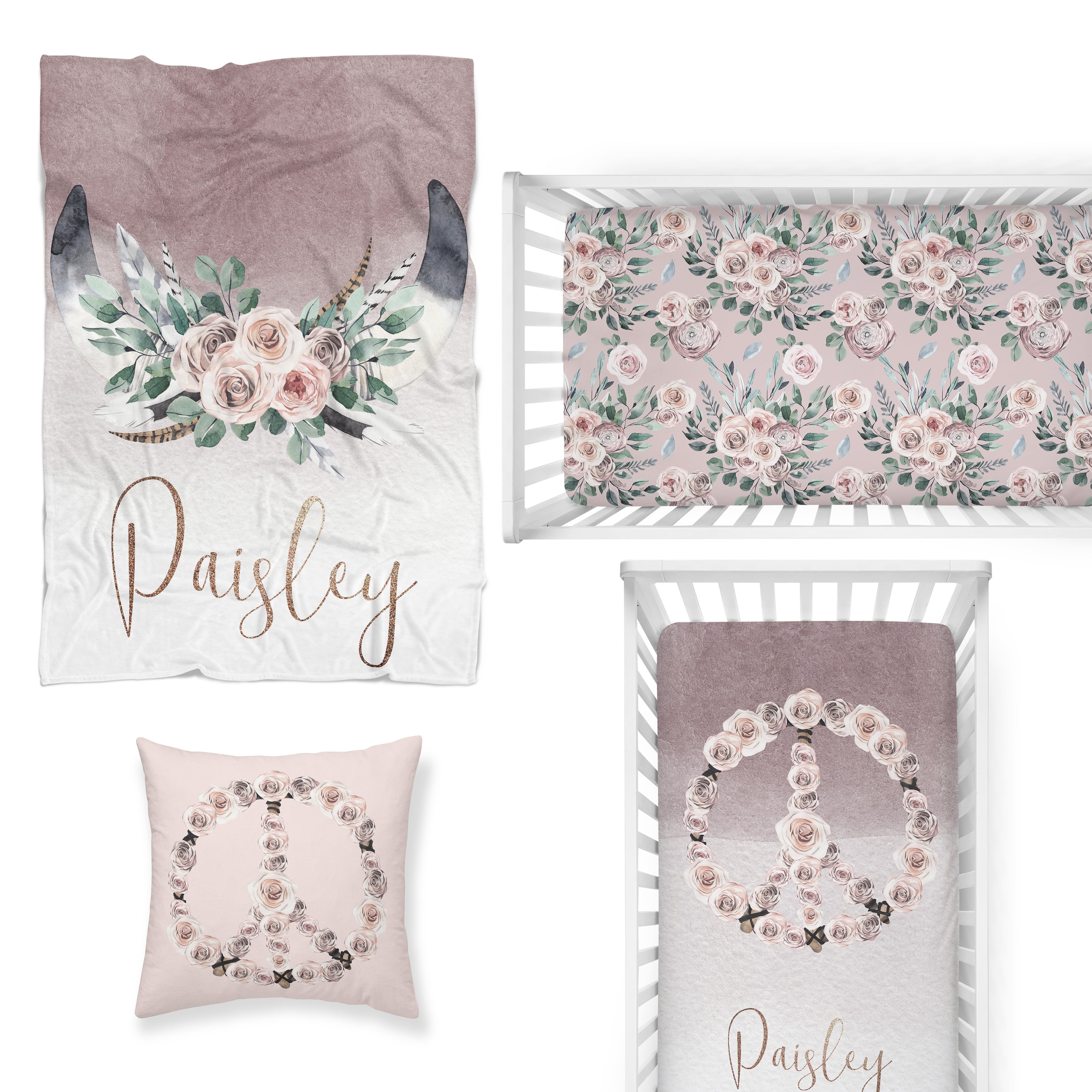 Boho Rose Peace Nursery Starter Crib Bedding Set