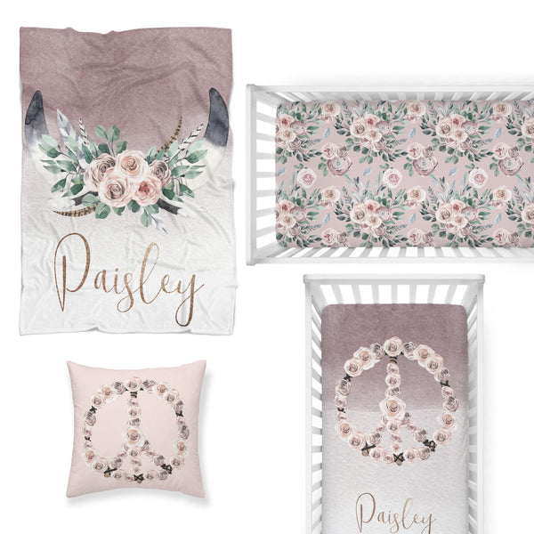 Boho Rose Peace Nursery Starter Crib Bedding Set