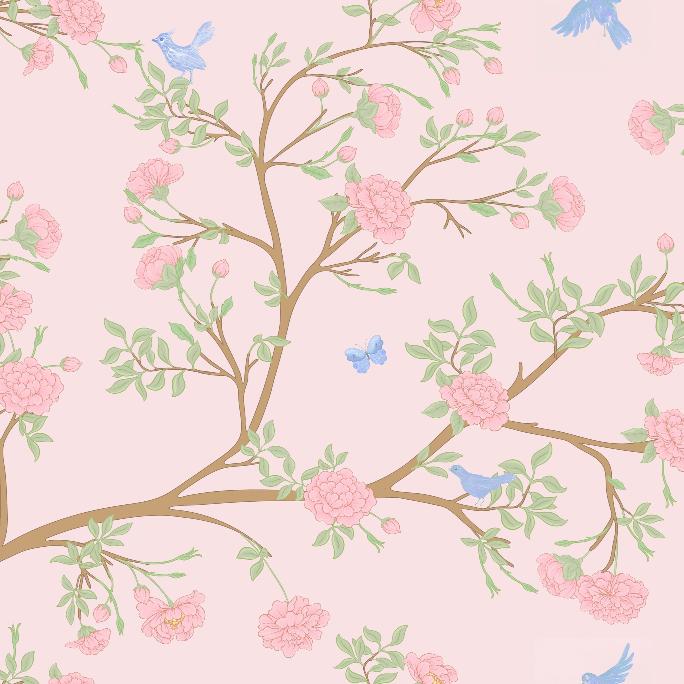 Pastel floral pattern with pink flowers, green leaves, and blue birds on a light pink background.