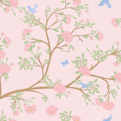 Pastel floral pattern with pink flowers, green leaves, and blue birds on a light pink background.