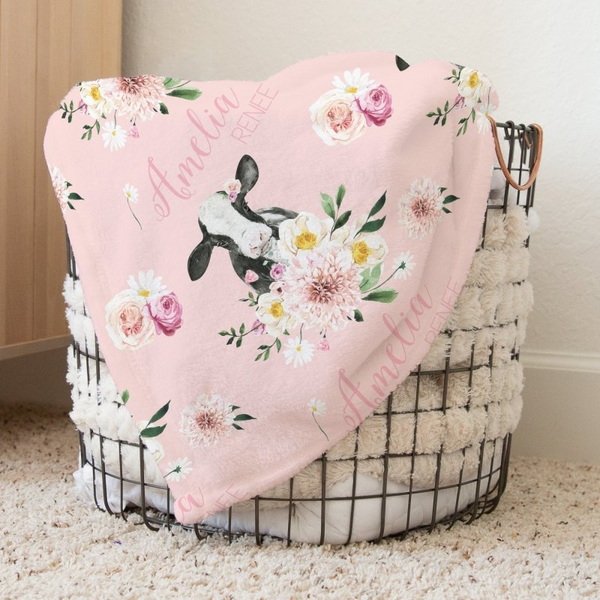 Farm Floral Calf Personalized Baby Blanket - Farm Floral, gender_girl, Personalized_Yes