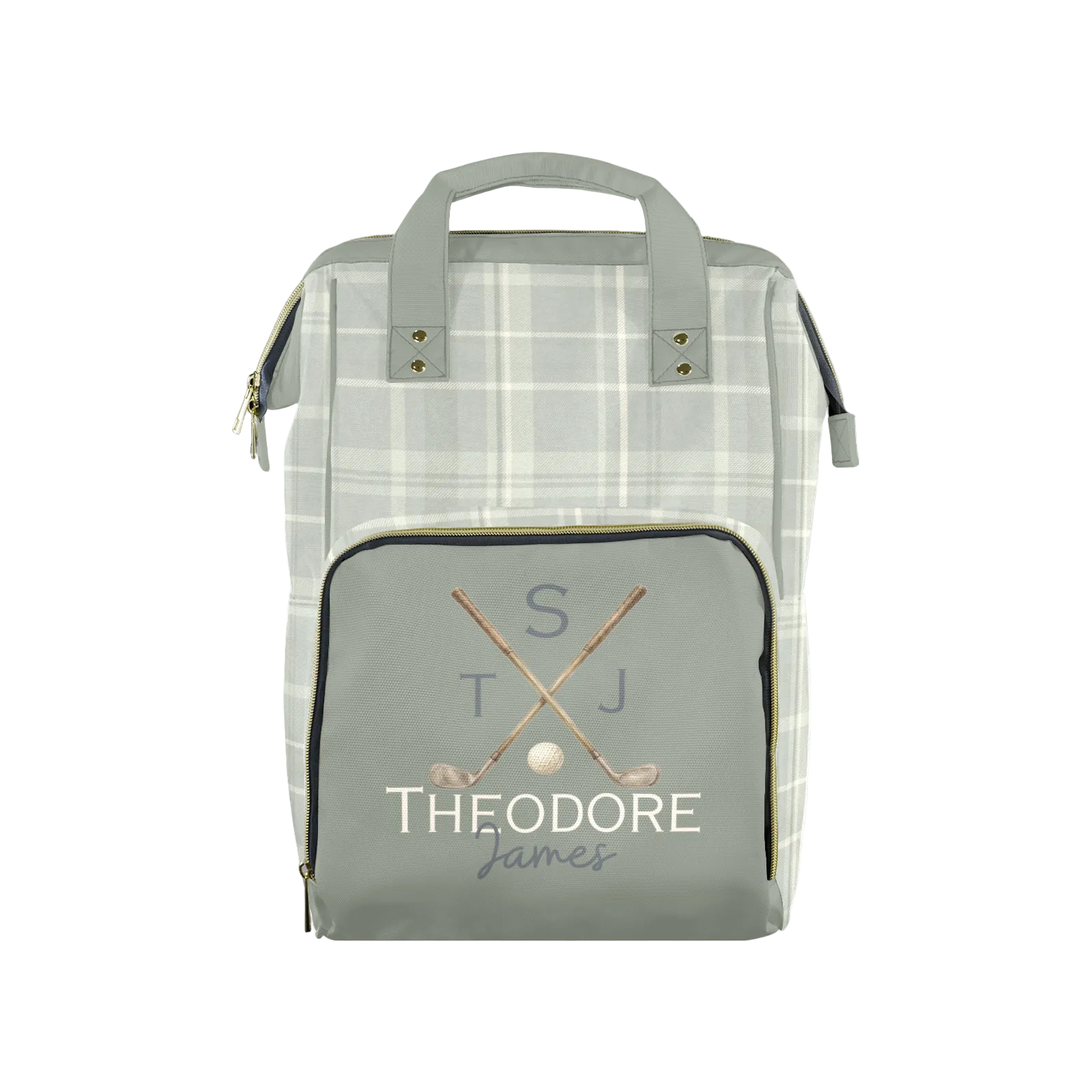 A personalized golf-themed diaper bag featuring a light gray and white plaid body, a solid sage green front pocket with gold zipper trim, and a custom monogram print reading 'S T J THEODORE James' with crossed golf clubs and a golf ball.