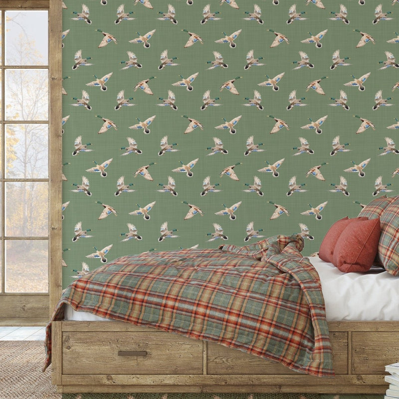 Duck Hunting Duck on Green Peel & Stick Wallpaper - Duck Hunting, gender_boy, Theme_Woodland