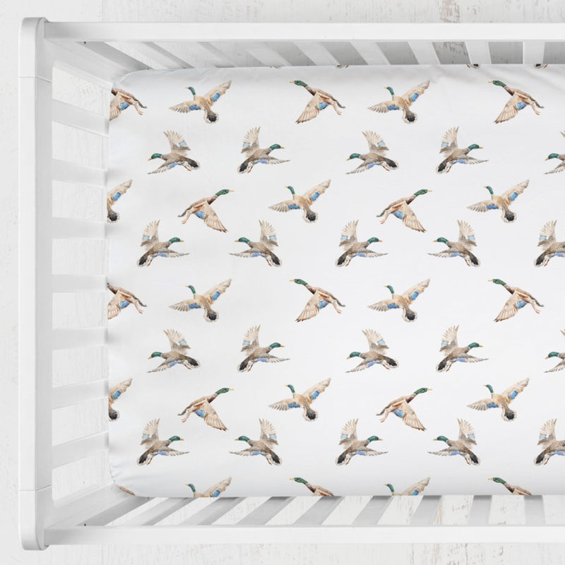 Duck Hunting Duck on White Crib Sheet - Duck Hunting, gender_boy, Theme_Woodland