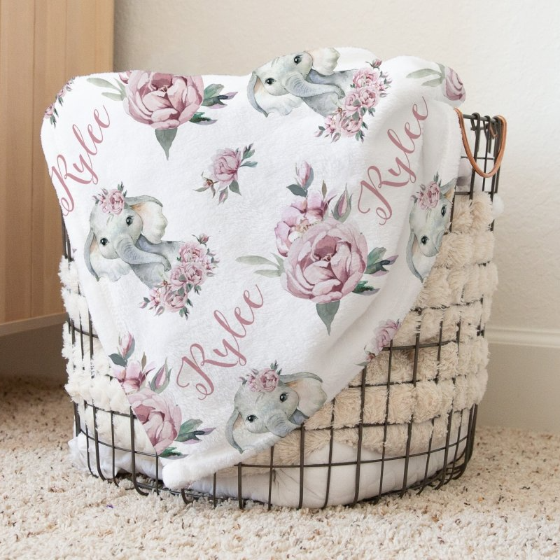 Floral Elephant Personalized Baby Blanket - Floral Elephant, gender_girl, Personalized_Yes