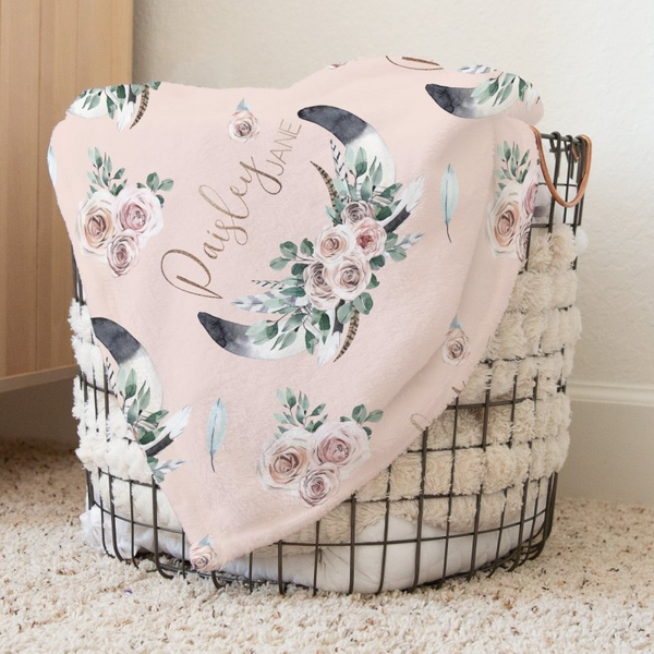 Boho Rose Skull Personalized Baby Blanket - Boho Rose, gender_girl, Personalized_Yes