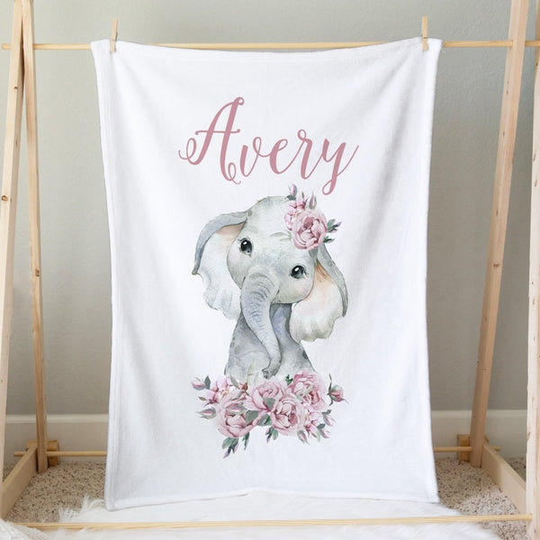 Floral Elephant Personalized Minky Blanket - Floral Elephant, gender_girl, Personalized_Yes