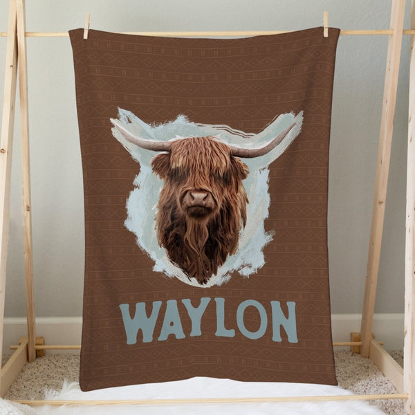 Highland Cow Boy Minky Blanket - gender_boy, Highland Cow Boy, Personalized_Yes