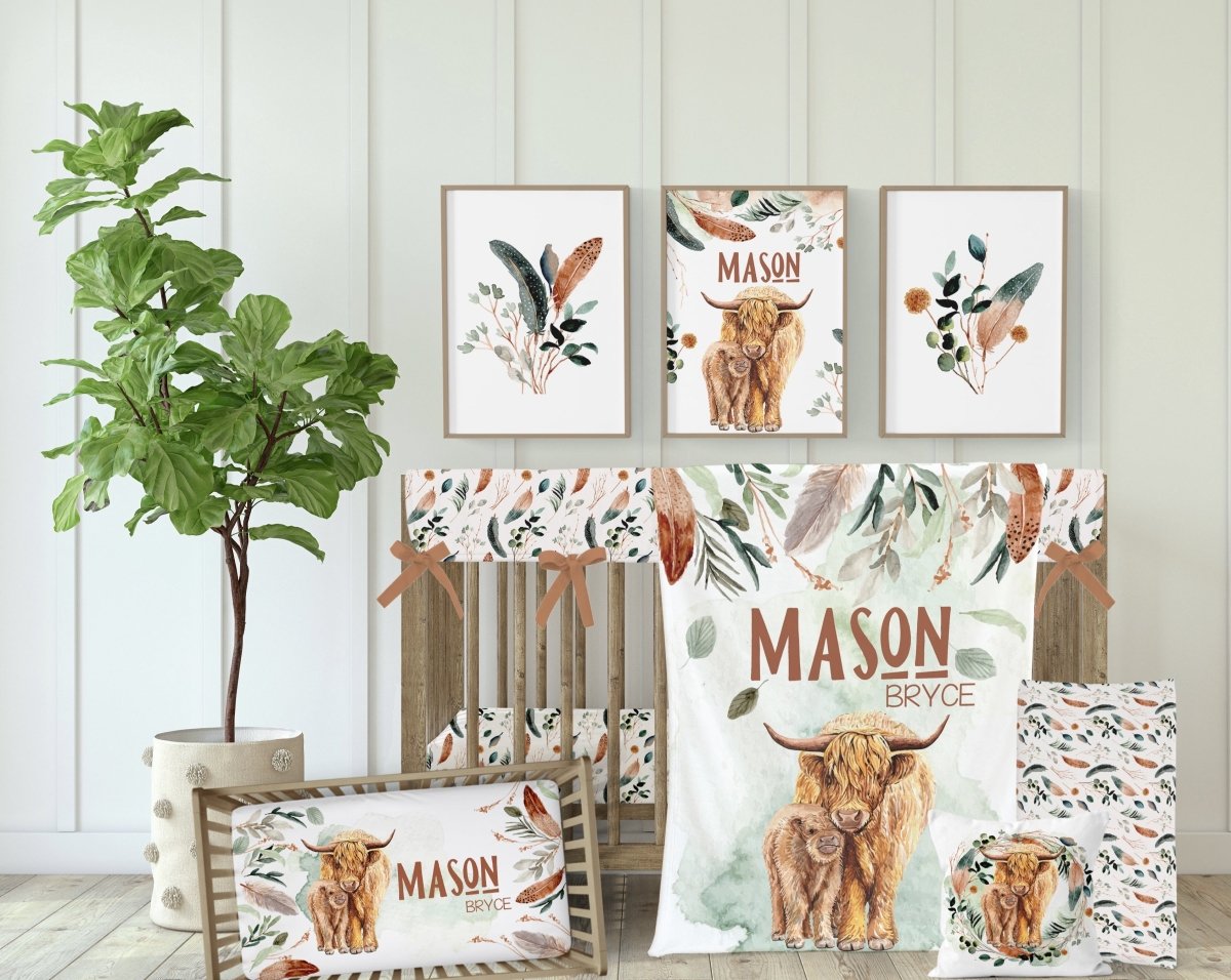 Highland Cow Feathers Personalized Nursery Art - gender_boy, Highland Cow Feathers, text