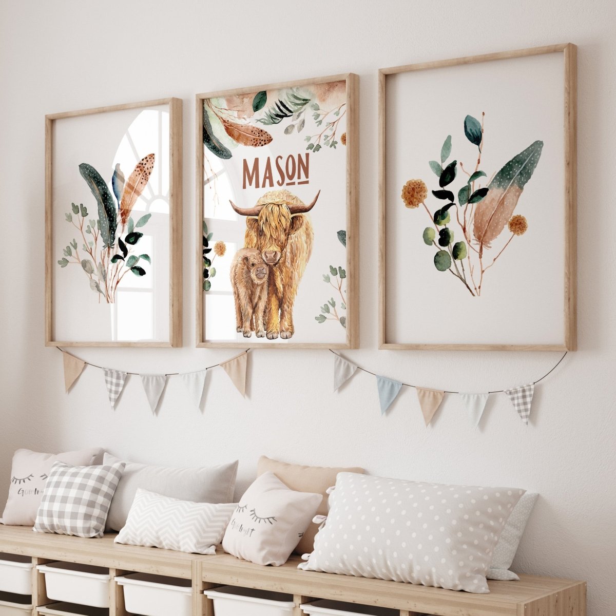 Highland Cow Feathers Personalized Nursery Art - gender_boy, Highland Cow Feathers, text