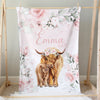 Highland Cow Floral Personalized Minky Blanket - gender_girl, Highland Cow Floral, Personalized_Yes