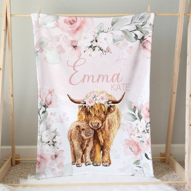 Highland Cow Floral Personalized Minky Blanket - gender_girl, Highland Cow Floral, Personalized_Yes