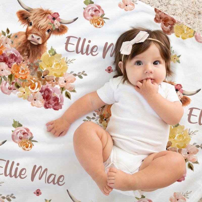 Highland Cow Wildflower Personalized Baby Blanket - gender_girl, Highland Cow Wildflower, Personalized_Yes