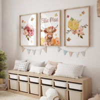 Highland Cow Wildflower Personalized Nursery Art - gender_girl, Highland Cow Wildflower, text