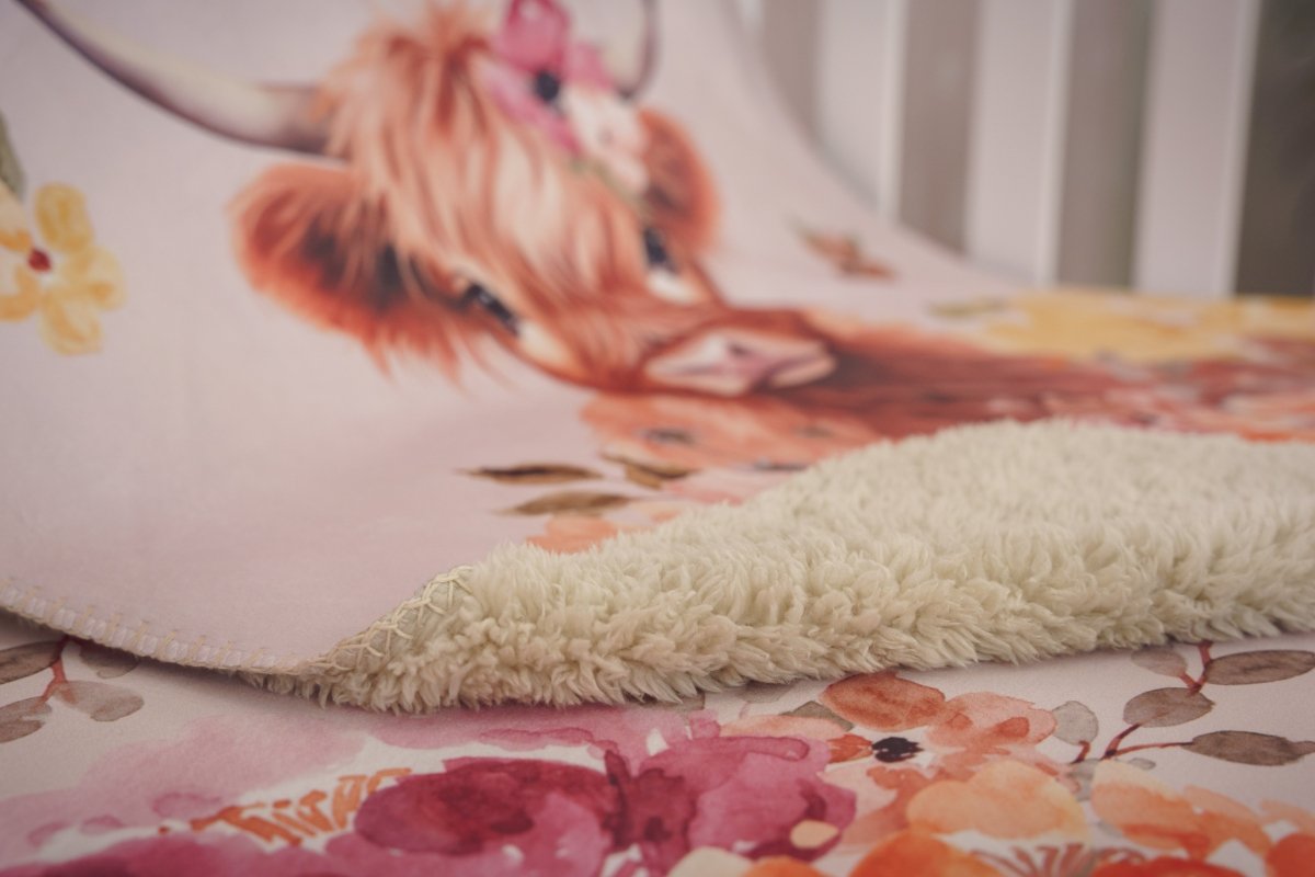 Highland Cow Wildflower Personalized Sherpa Blanket - gender_girl, Highland Cow Wildflower, Personalized_Yes