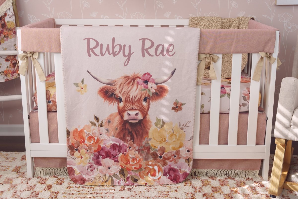 Highland Cow Wildflower Personalized Sherpa Blanket - gender_girl, Highland Cow Wildflower, Personalized_Yes