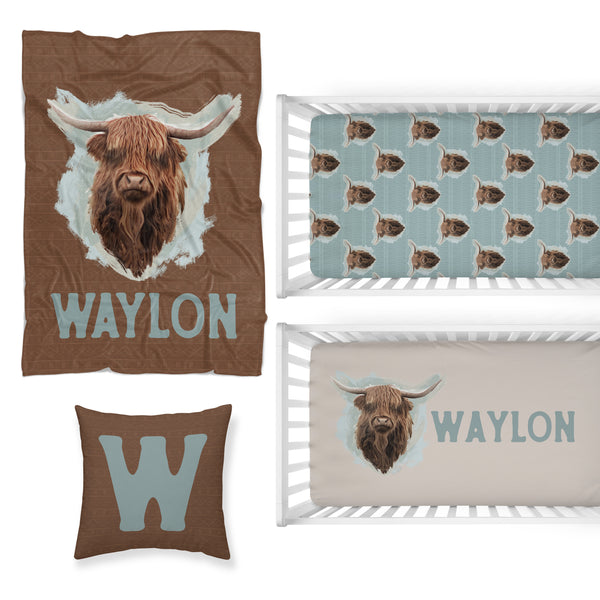 Highland Cow Boy Nursery Starter Crib Bedding Set