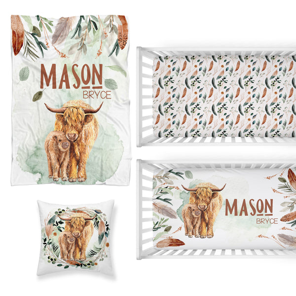 Highland Cow Feathers Nursery Starter Crib Bedding Set