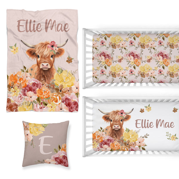 Highland Cow Wildflower Nursery Starter Crib Bedding Set