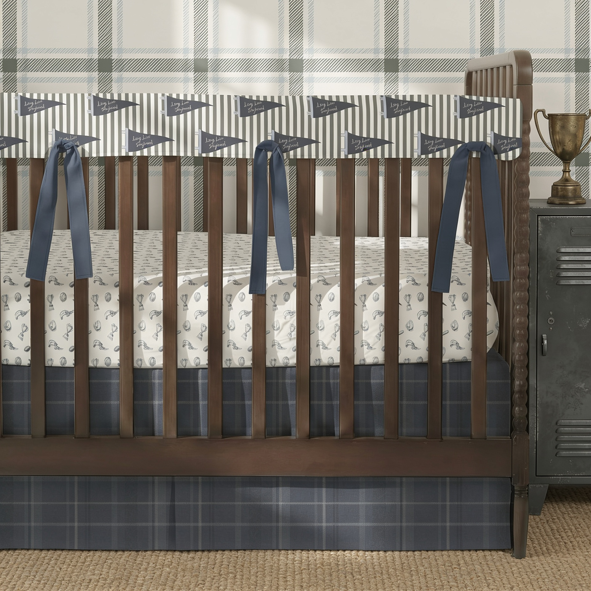Crib Rail Cover | Boyhood Pennant Stripe Olive + Champions Club