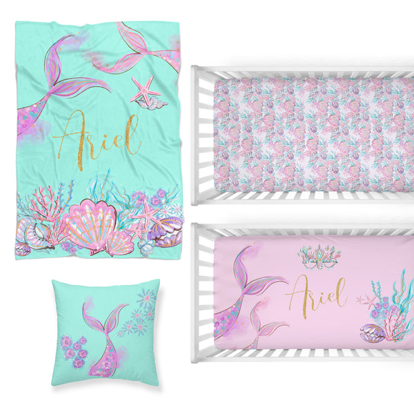 Mermaid Seashells Nursery Starter Crib Bedding Set